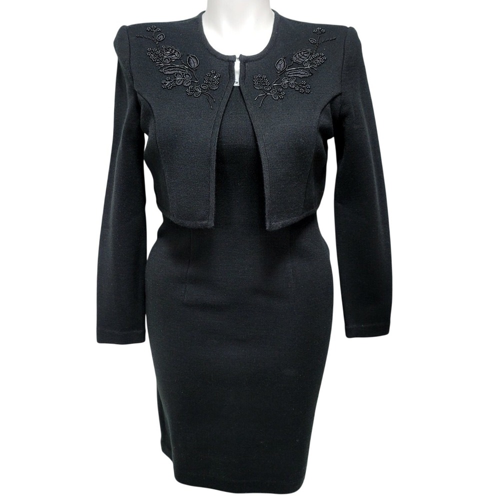 Vintage Appraisal Black Knit Pencil Dress Attached Bolero Beaded Floral Size 10